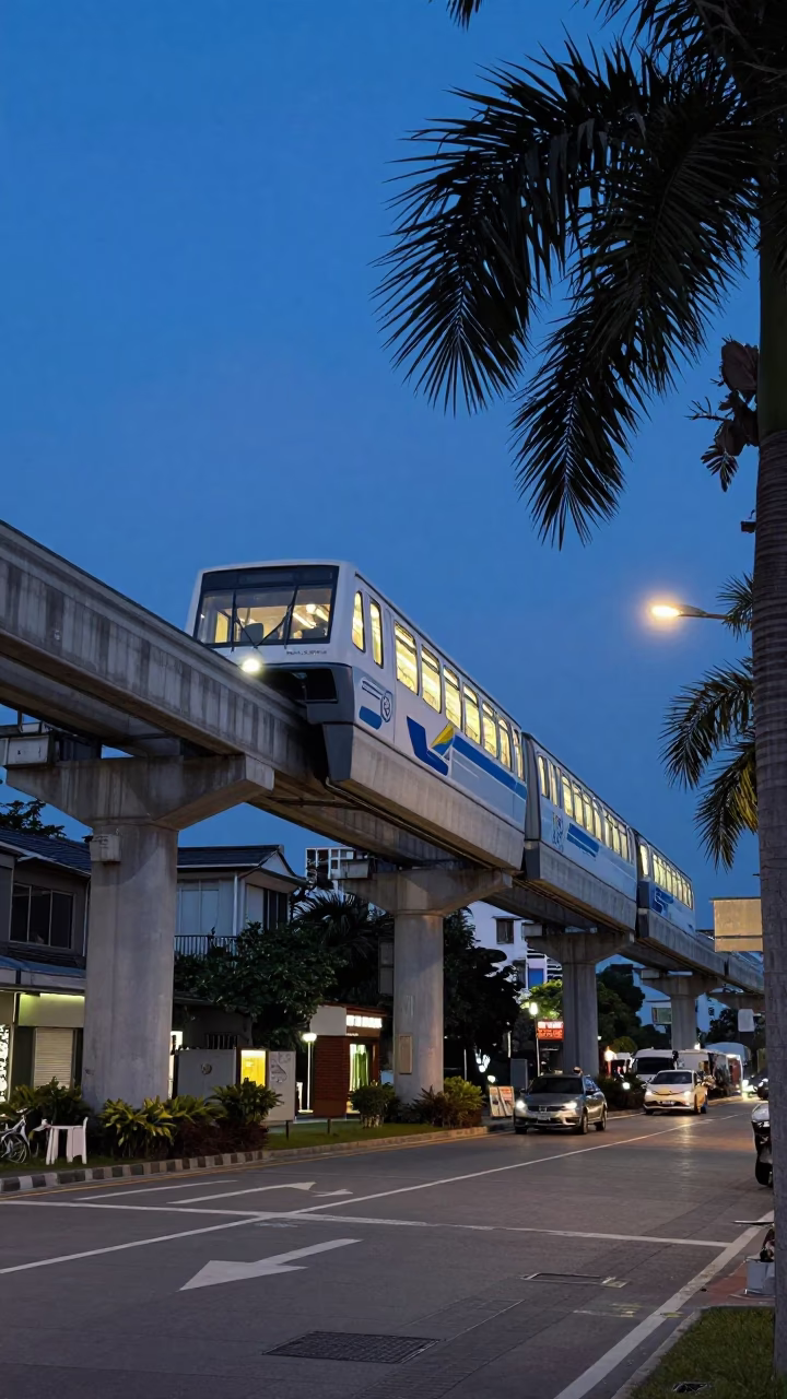 Kaohsiung Indigo Twilight Street Scene with Monorail and Tropical Orchid in in Kaohsiung, Taiwan