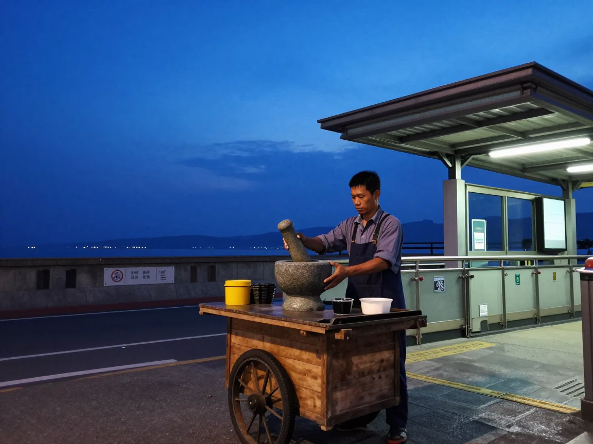 Kaohsiung Indigo Twilight Street Scene with Mortar and Pestle and Tailor Shears in in Kaohsiung, Taiwan