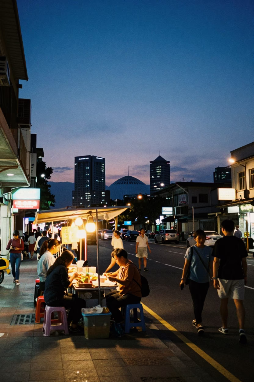 Kaohsiung Indigo Twilight Street Scene with Vendor and Pedestrians in in Kaohsiung, Taiwan