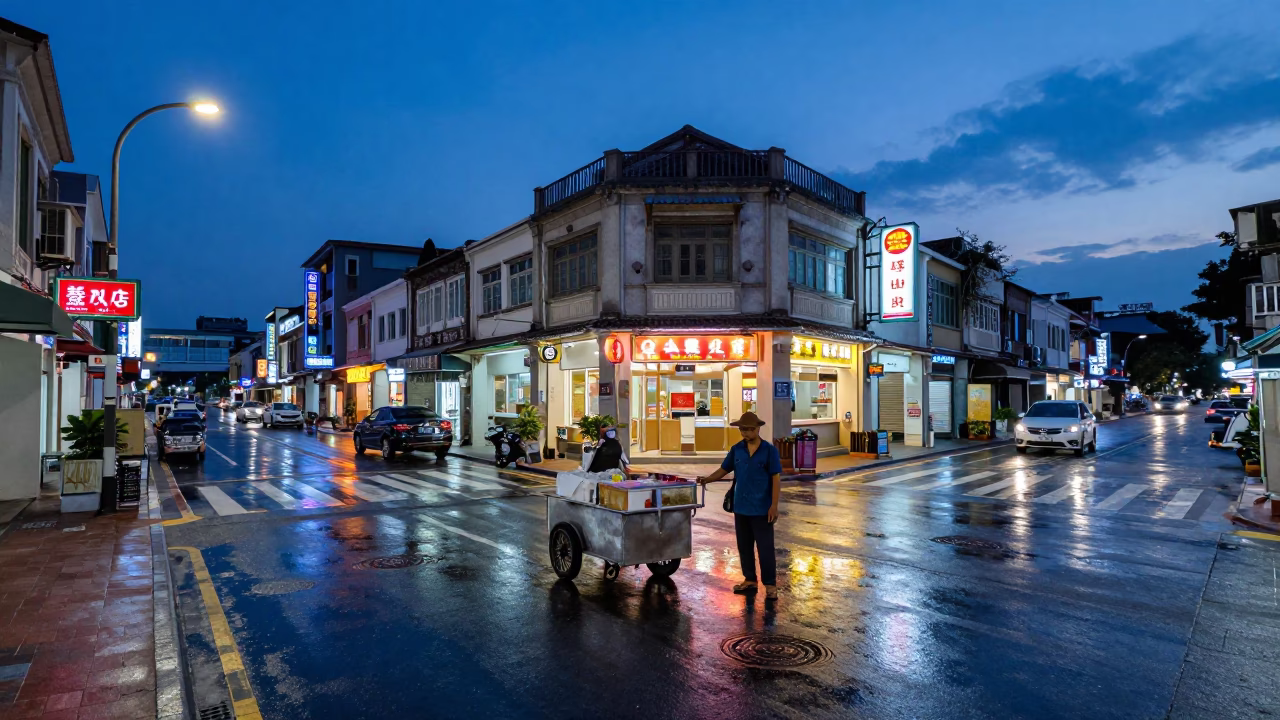 Kaohsiung indigo twilight street scene with water rings on rim and rattan chair in in Kaohsiung, Taiwan