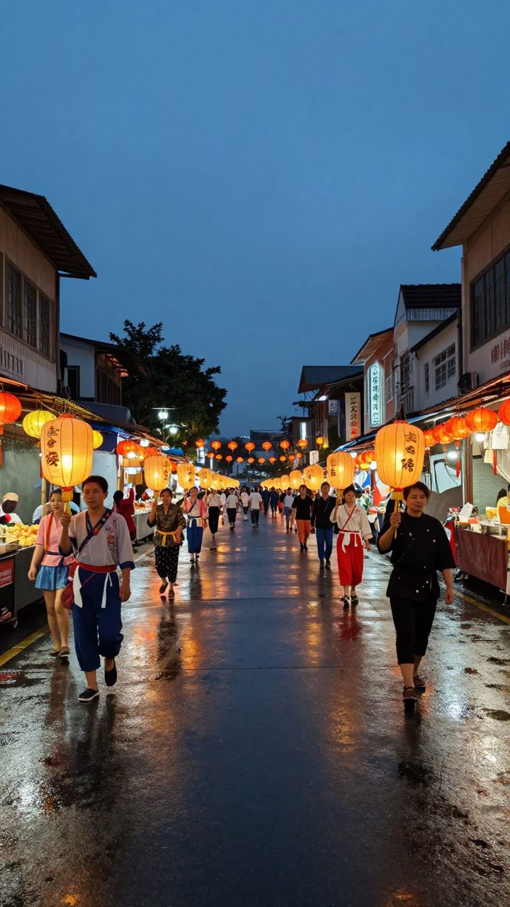 Kaohsiung Lantern Procession at Twilight Dusk in at a night market in Kaohsiung