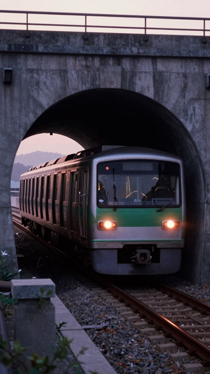 Kaohsiung Metro Train Emerging from Tunnel at Dawn First Light in in Kaohsiung, Taiwan