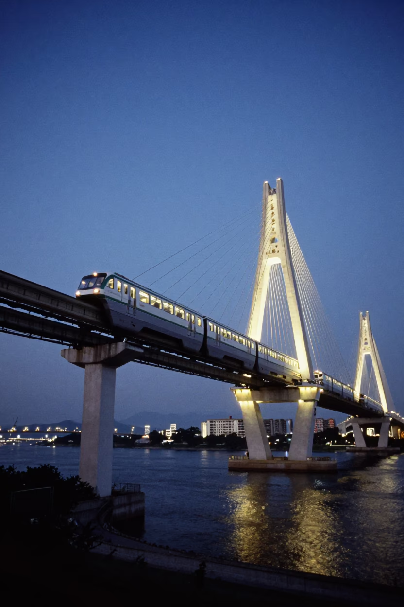 Kaohsiung Monorail Crossing Love River at Blue Hour with Cable-Stayed Bridge Illumination in in Kaohsiung, Taiwan