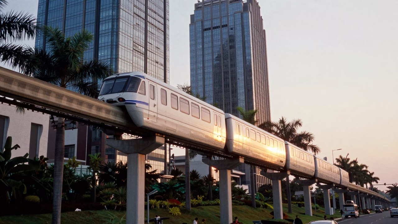 Kaohsiung Monorail Gliding Past Palm Trees and Glass Towers at Golden Hour in in Kaohsiung, Taiwan