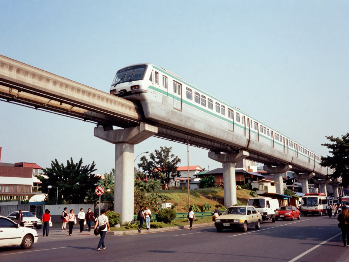 Kaohsiung Monorail Passing Over Busy Street With Pedestrians And Scooters In Bright Midmorning Light in in Kaohsiung, Taiwan