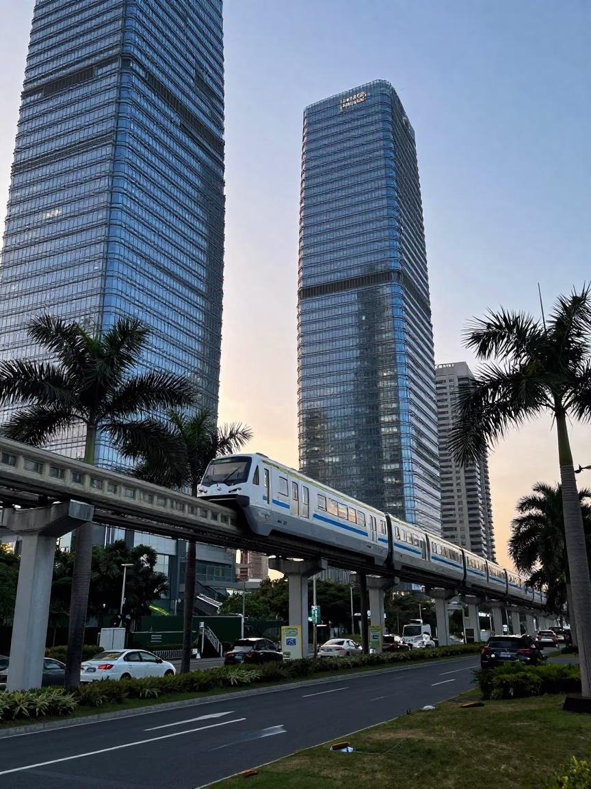 Kaohsiung Monorail Passing Palm Trees and Glass Towers Before Sunrise in Taiwan in in Kaohsiung, Taiwan
