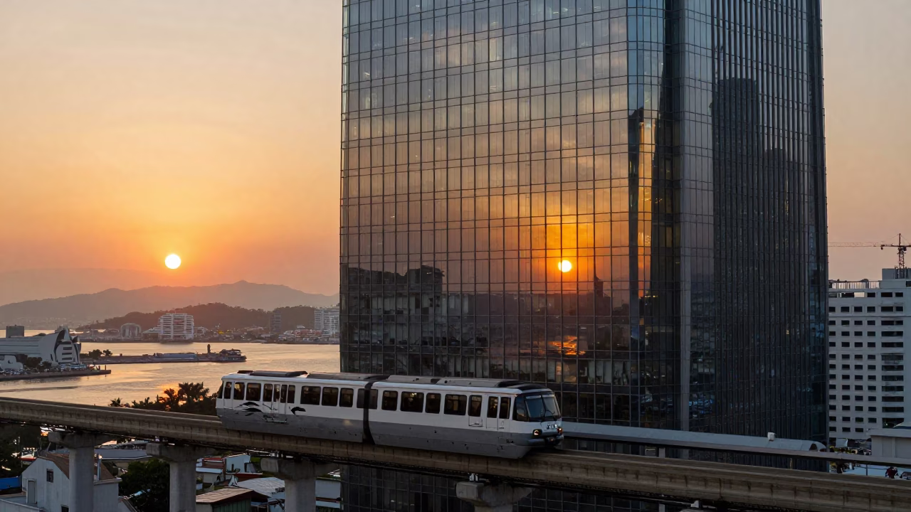 Kaohsiung Monorail Reflected in Glass Skyscraper at Sunset Taiwan in in Kaohsiung, Taiwan