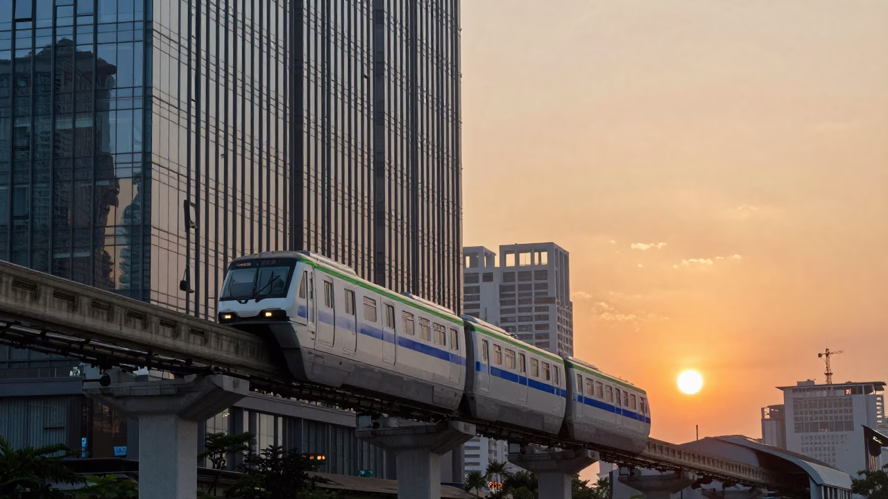 Kaohsiung Monorail Reflected in Glass Skyscraper at Sunset in in Kaohsiung, Taiwan