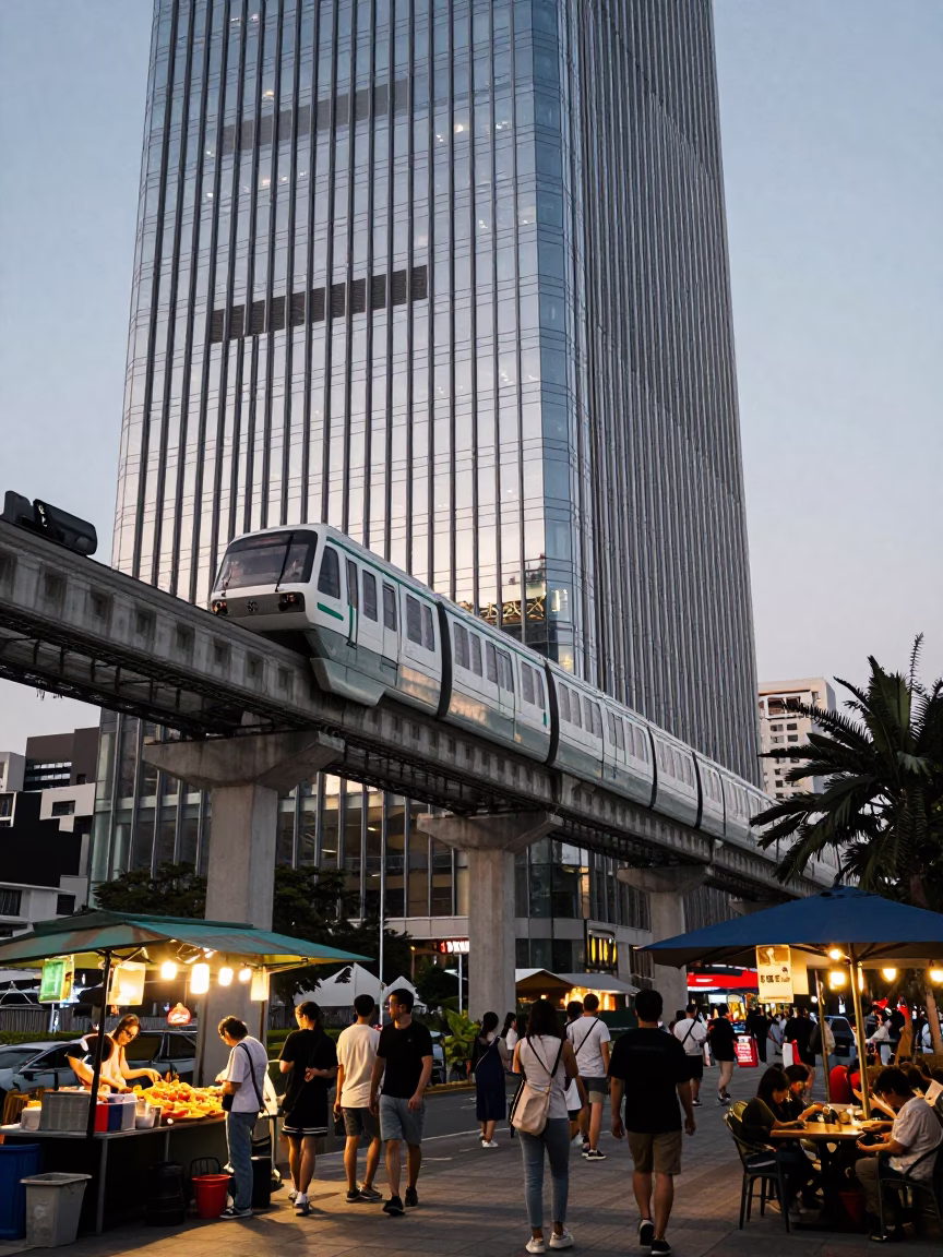 Kaohsiung Monorail Reflection on Glass Skyscraper Early Evening Street Scene in in Kaohsiung, Taiwan