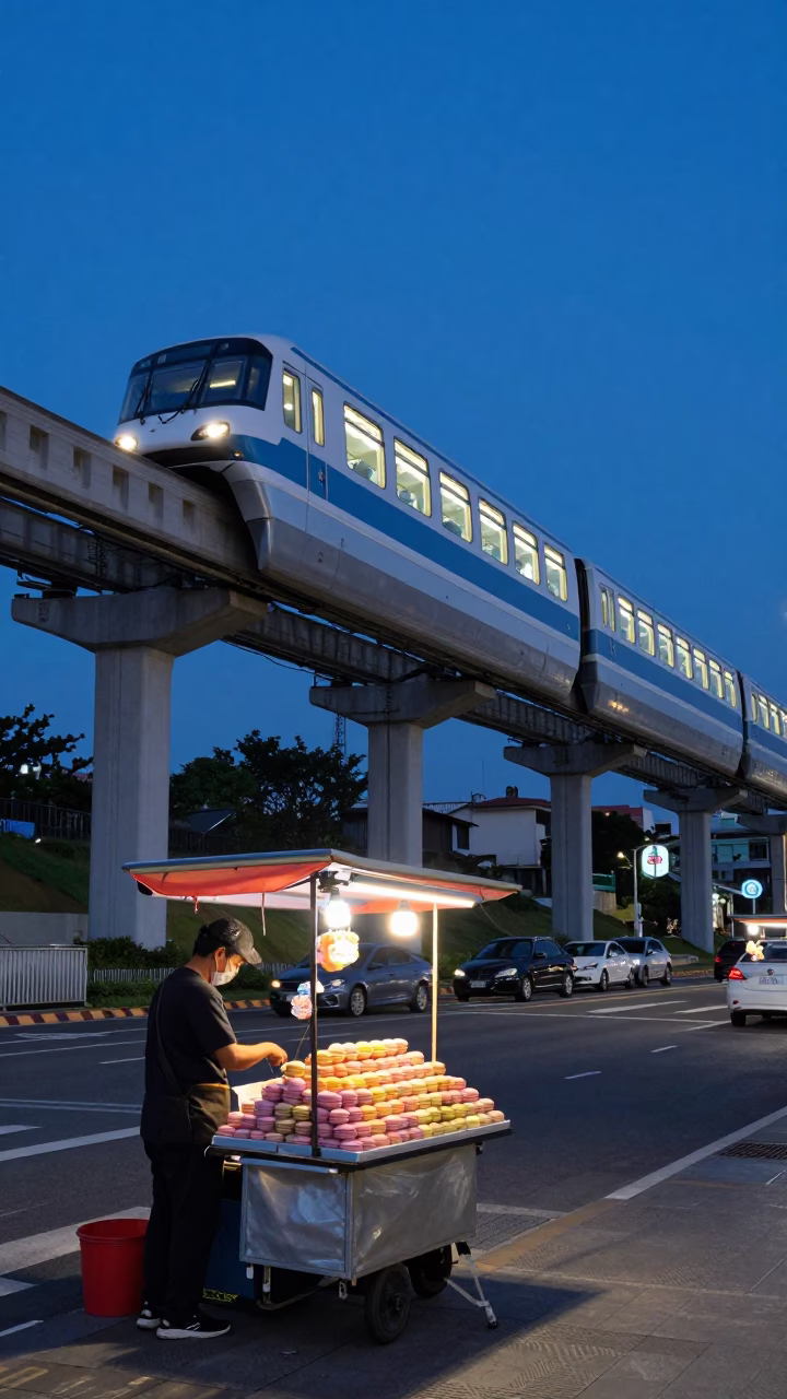 Kaohsiung Monorail Twilight Street Scene with Vendor and Pastel Sweets in in Kaohsiung, Taiwan