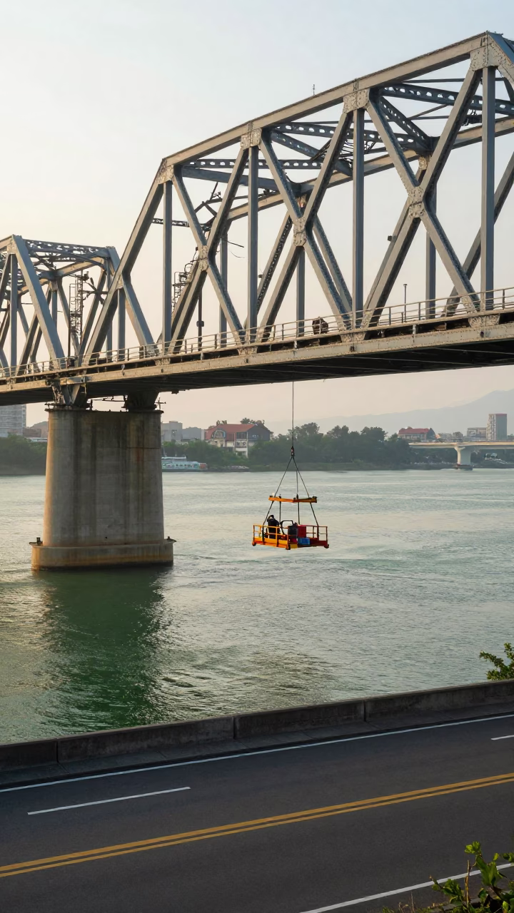 Kaohsiung Morning Light on River Bridge Maintenance and Street Life in in Kaohsiung, Taiwan