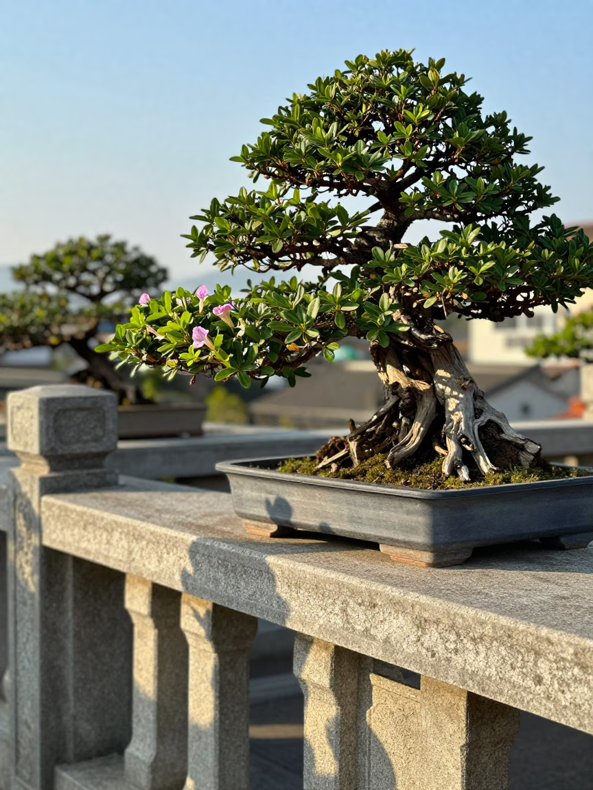 Kaohsiung Morning Light Reveals Bonsai Juniper and Morning Glory on Stone Balcony in in Kaohsiung, Taiwan