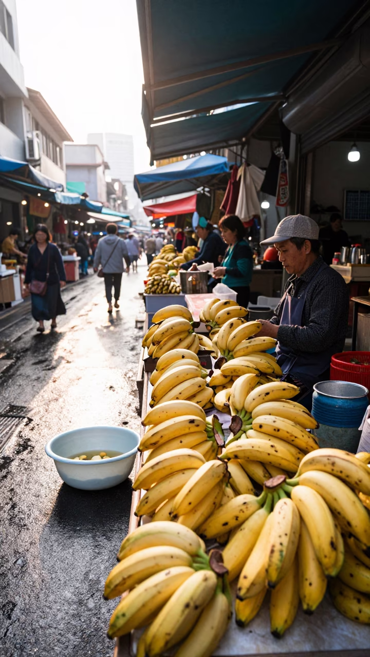 Kaohsiung Morning Market Street Scene with Bananas and Tea Stains at Sunrise in in Kaohsiung, Taiwan