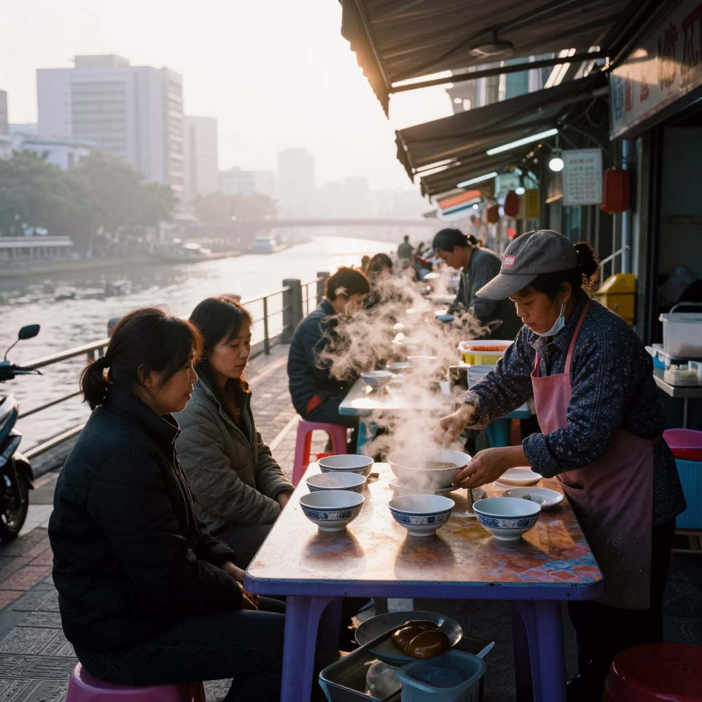 Kaohsiung Morning Street Scene with Ceramic Bowl and Condensation on Table in in Kaohsiung, Taiwan