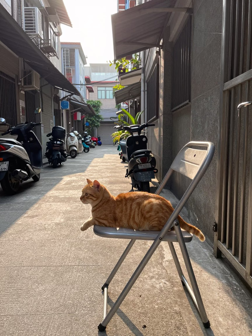 Kaohsiung morning street scene with orange cat and folding chair in in Kaohsiung, Taiwan