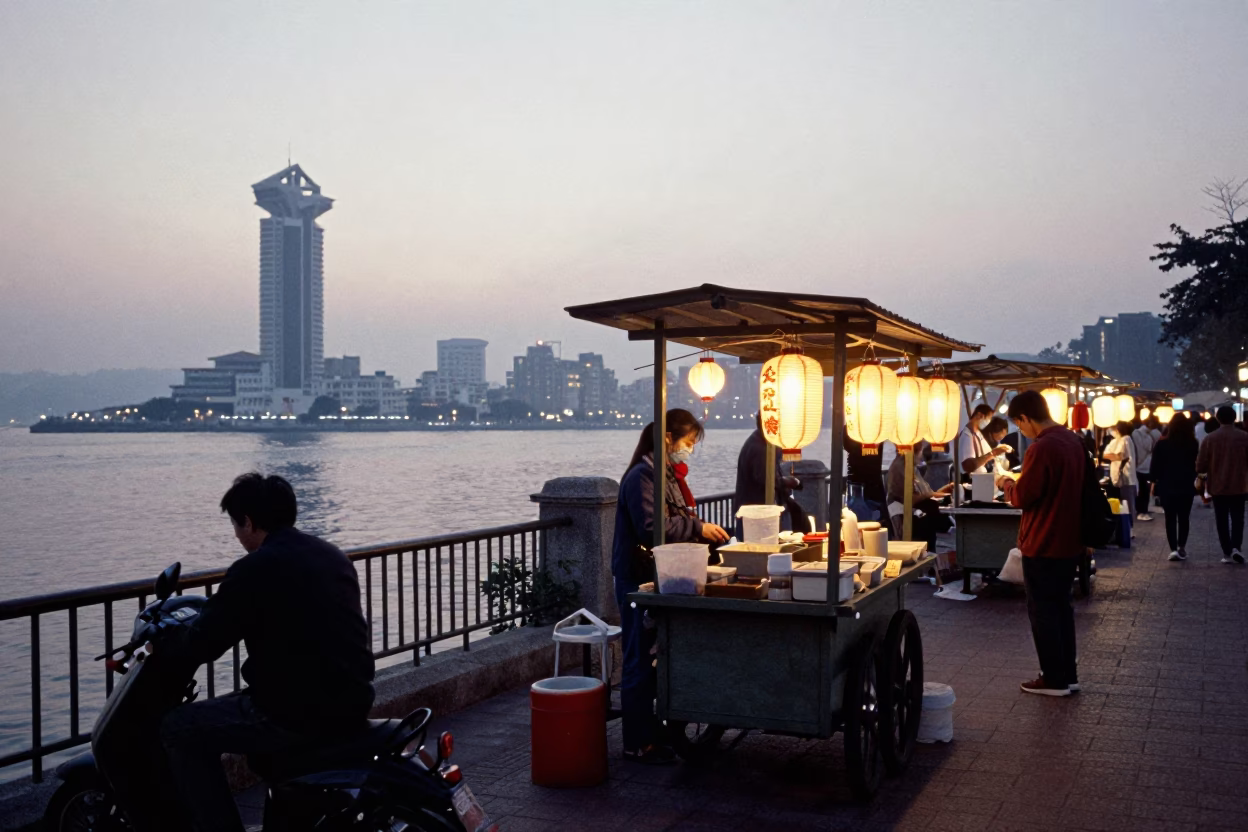 Kaohsiung Nautical Dawn Street Scene with Paper Lanterns and Local Market Activity in in Kaohsiung, Taiwan