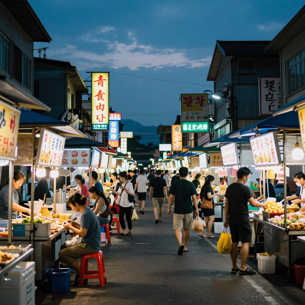 Kaohsiung Night Market Blue Hour Street Scene with Food Vendors in in Kaohsiung, Taiwan