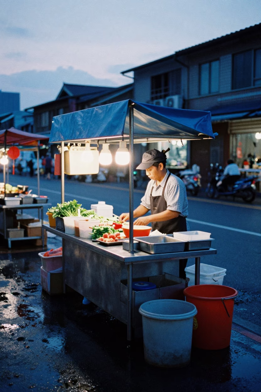 Kaohsiung Night Market Stall Owner Arranging Ingredients Before Dawn in in Kaohsiung, Taiwan