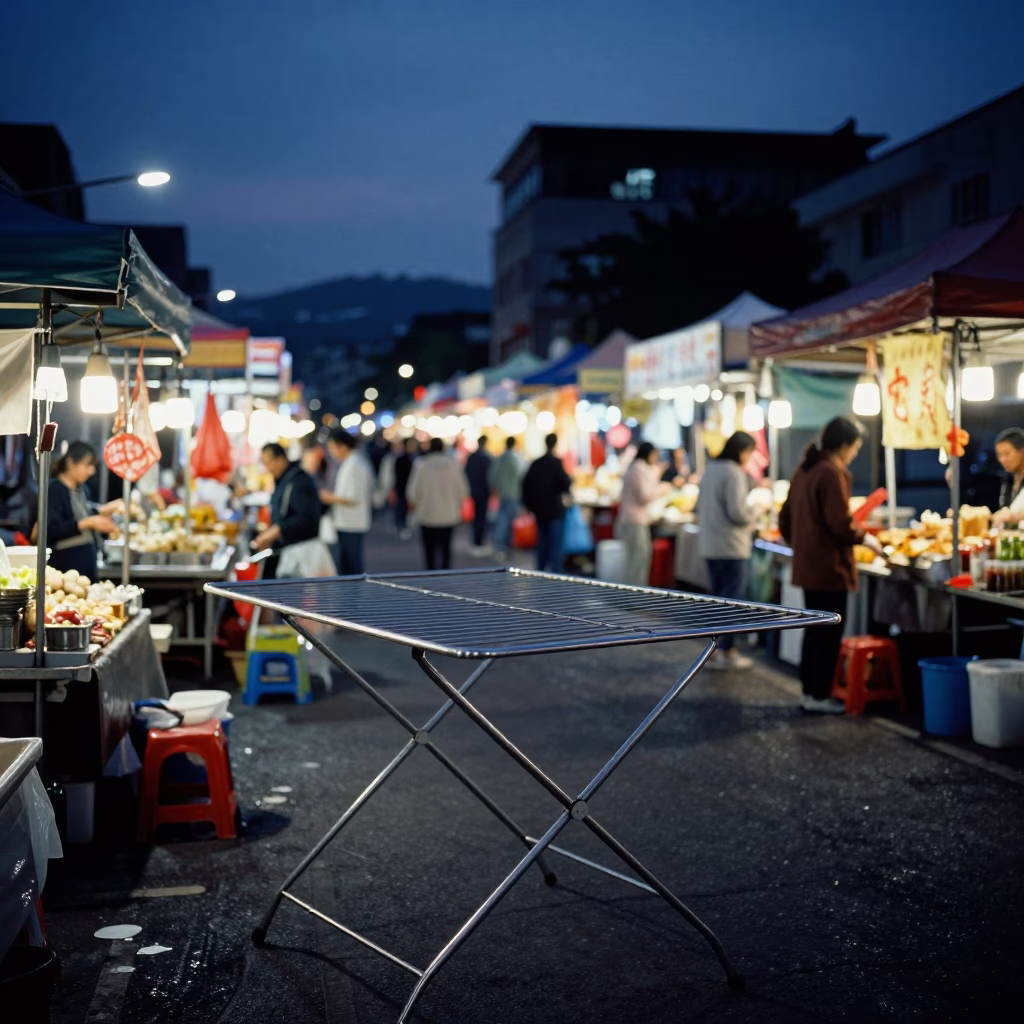 Kaohsiung Night Market Stall Predawn Setup with Drying Rack and Local Merchants in in Kaohsiung, Taiwan