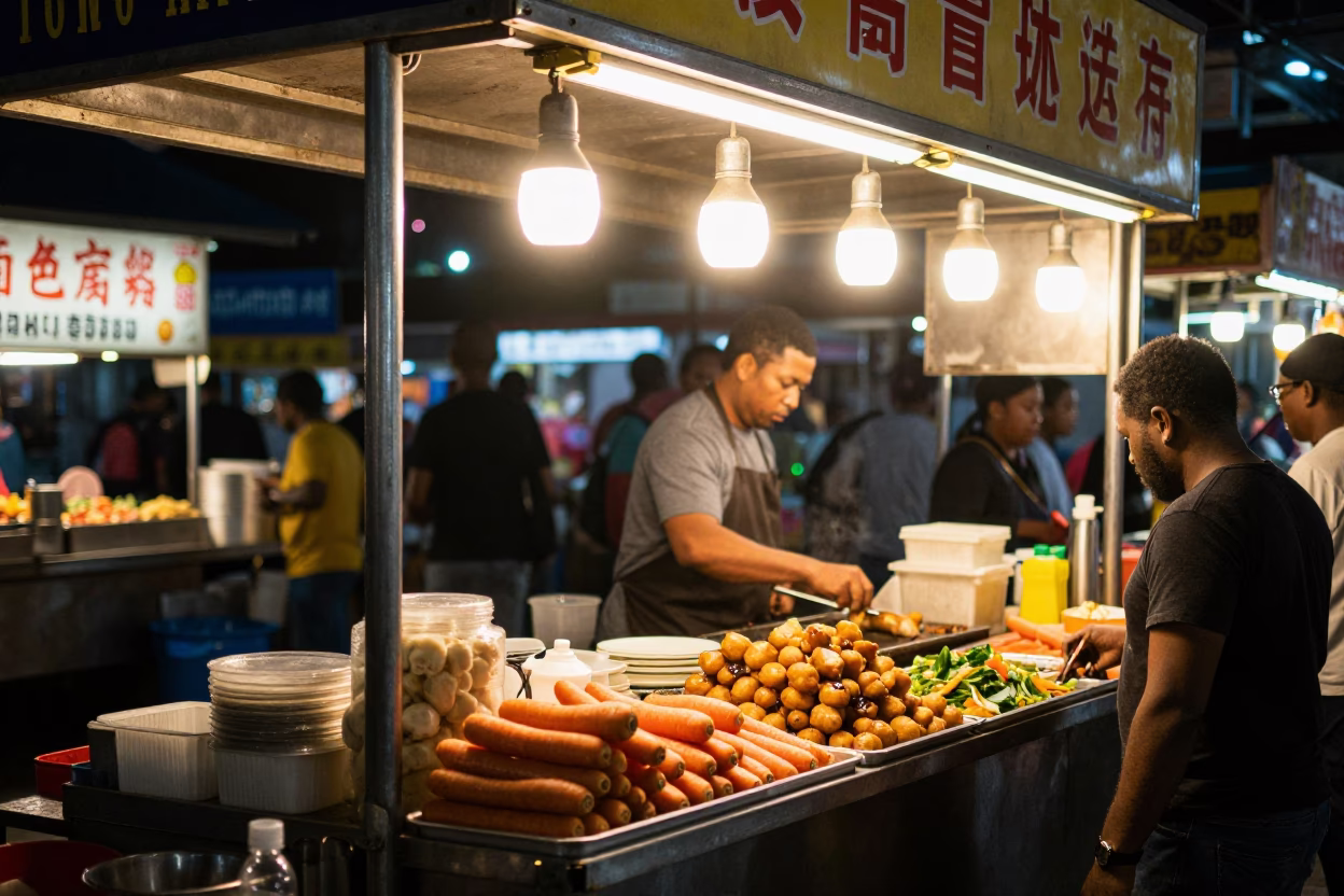 Kaohsiung Night Market Street Food Stall with Accra Fritters and Sauce at Dusk in in Kaohsiung, Taiwan