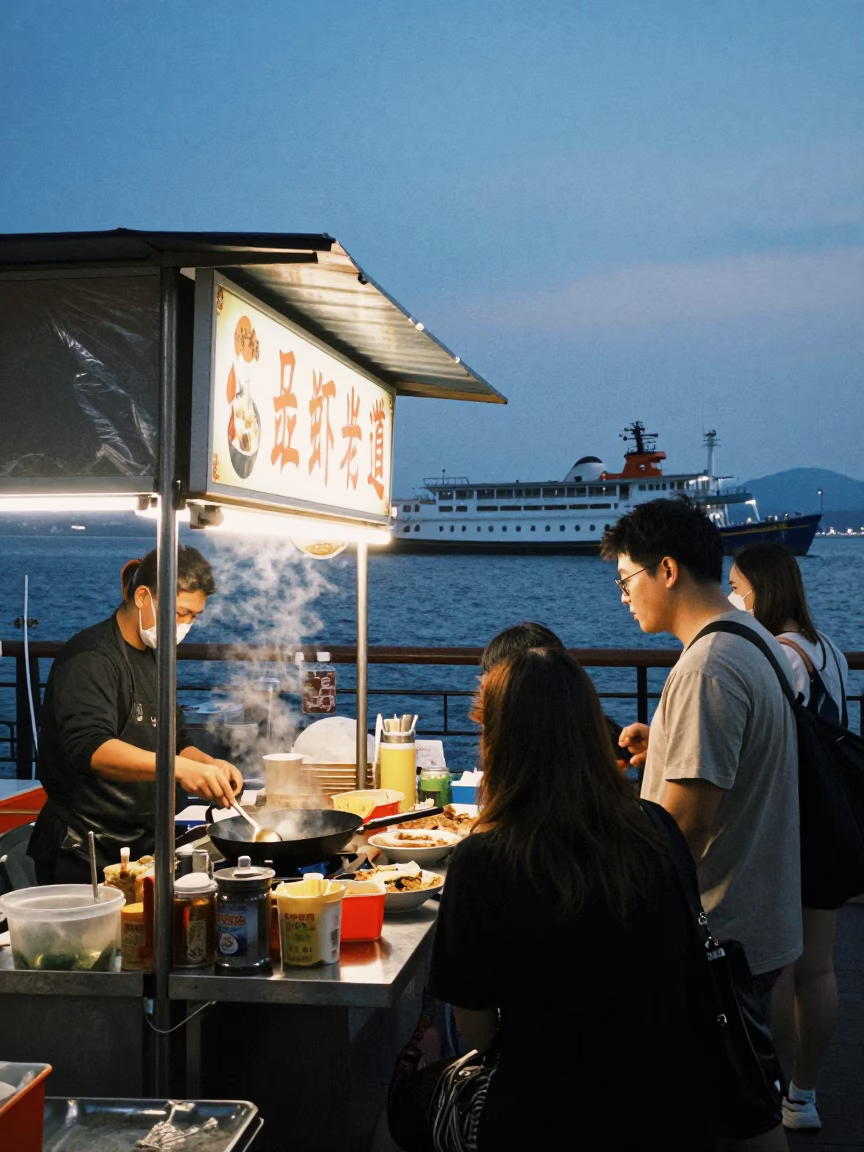 Kaohsiung Night Market Street Food Stall with Steamship View During Blue Hour in in Kaohsiung, Taiwan