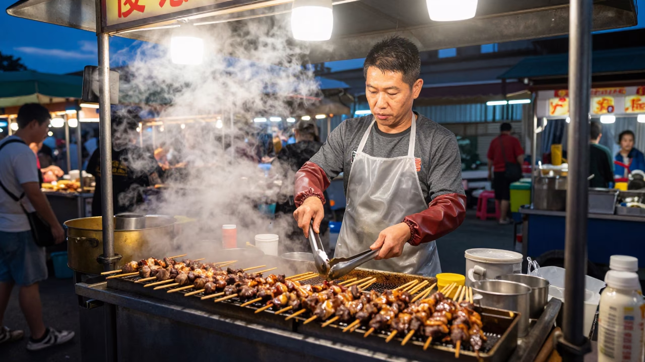 Kaohsiung Night Market Street Food Vendor Cooking at Twilight with Urban Harbor View in in Kaohsiung, Taiwan