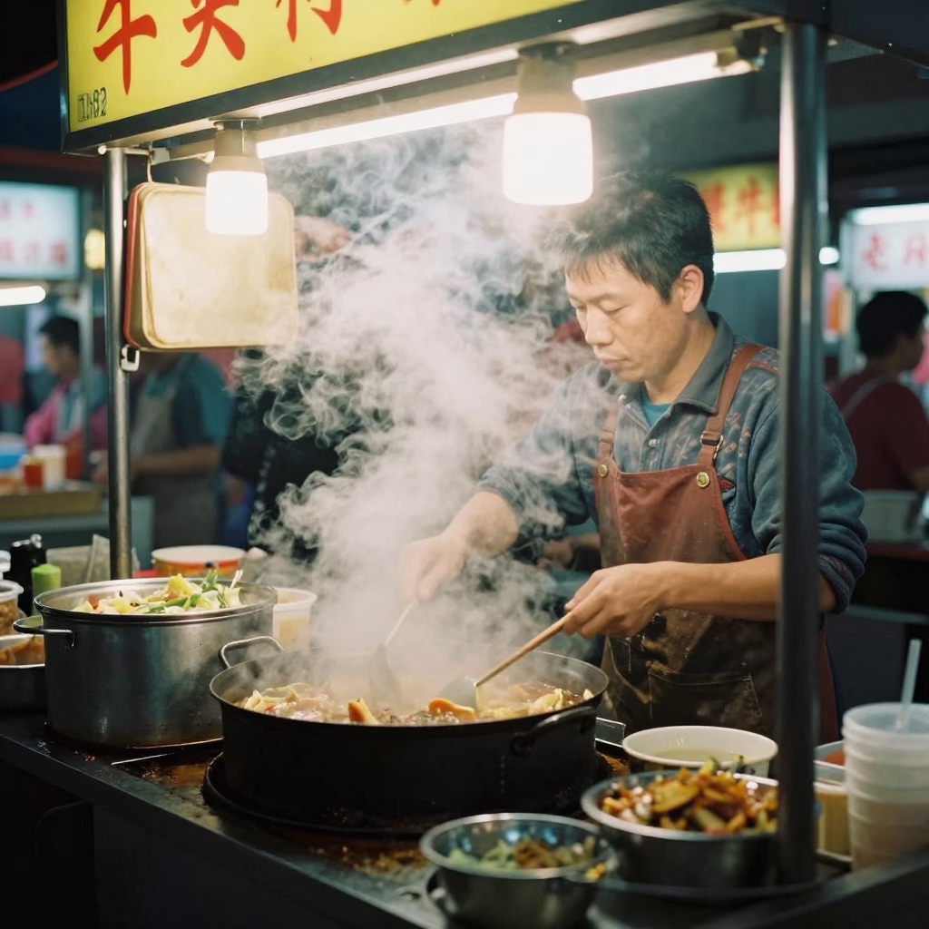 Kaohsiung night market street food vendor with steam and condiment jars at night in in Kaohsiung, Taiwan