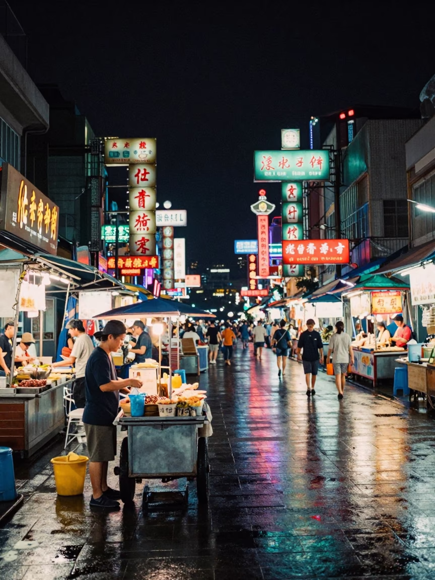 Kaohsiung Night Market Street Scene with Neon Lights and Local Street Food in in Kaohsiung, Taiwan
