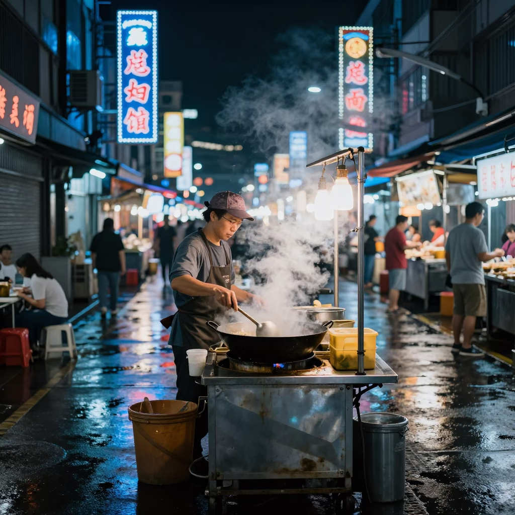 Kaohsiung Night Market Street Vendor Cooking Wok Under Neon Lights at Night in in Kaohsiung, Taiwan