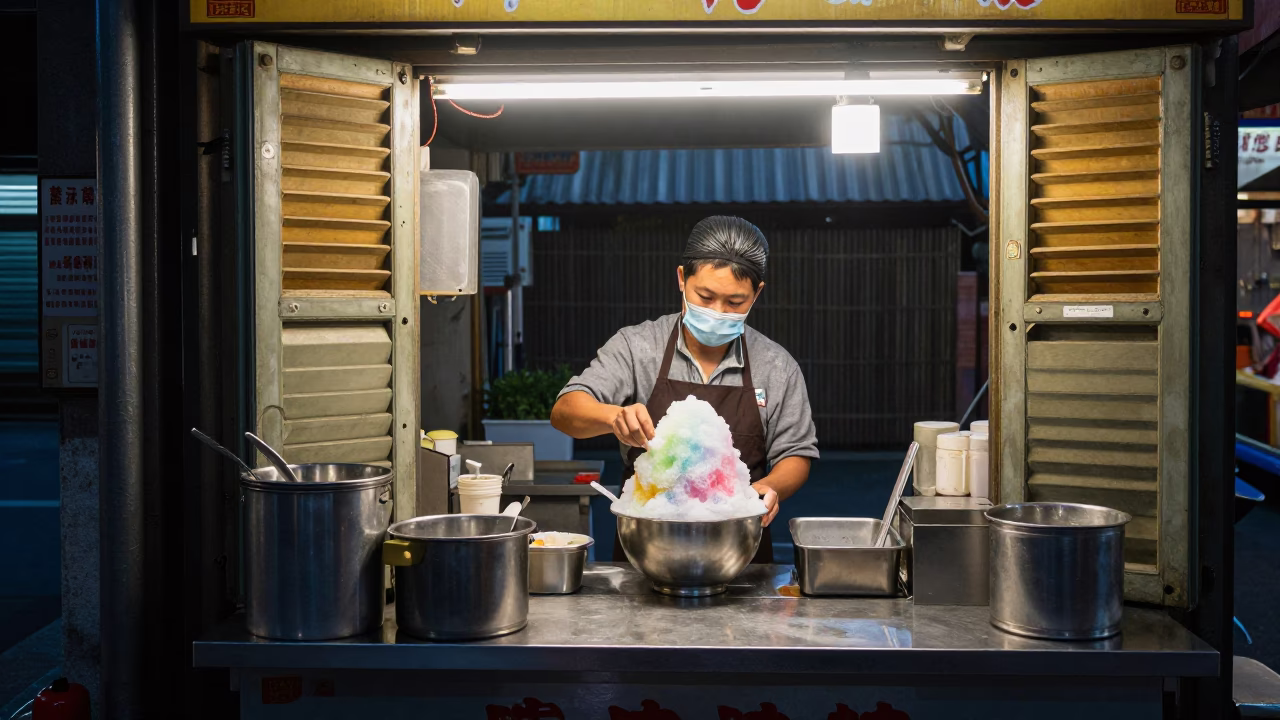 Kaohsiung Night Market Vendor Preparing Shaved Ice Before Dawn in in Kaohsiung, Taiwan