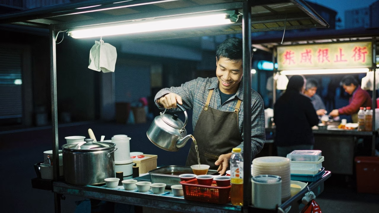 Kaohsiung Night Market Vendor Serving Tea Under Neon Lights in in Kaohsiung, Taiwan