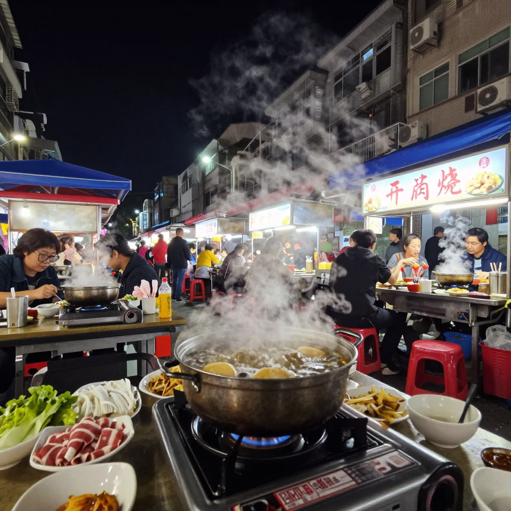 Kaohsiung night street food scene with steaming hotpot under deep night sky in in Kaohsiung, Taiwan