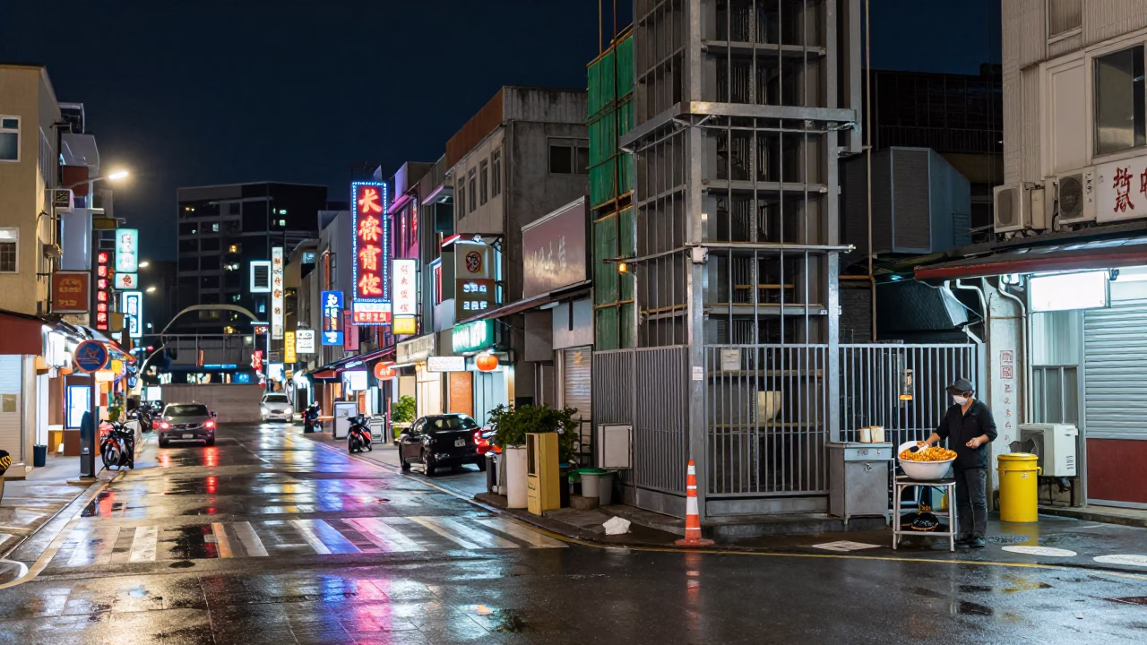 Kaohsiung Night Street Scene with Bowl of Poke and Construction Elevator Gate in in Kaohsiung, Taiwan