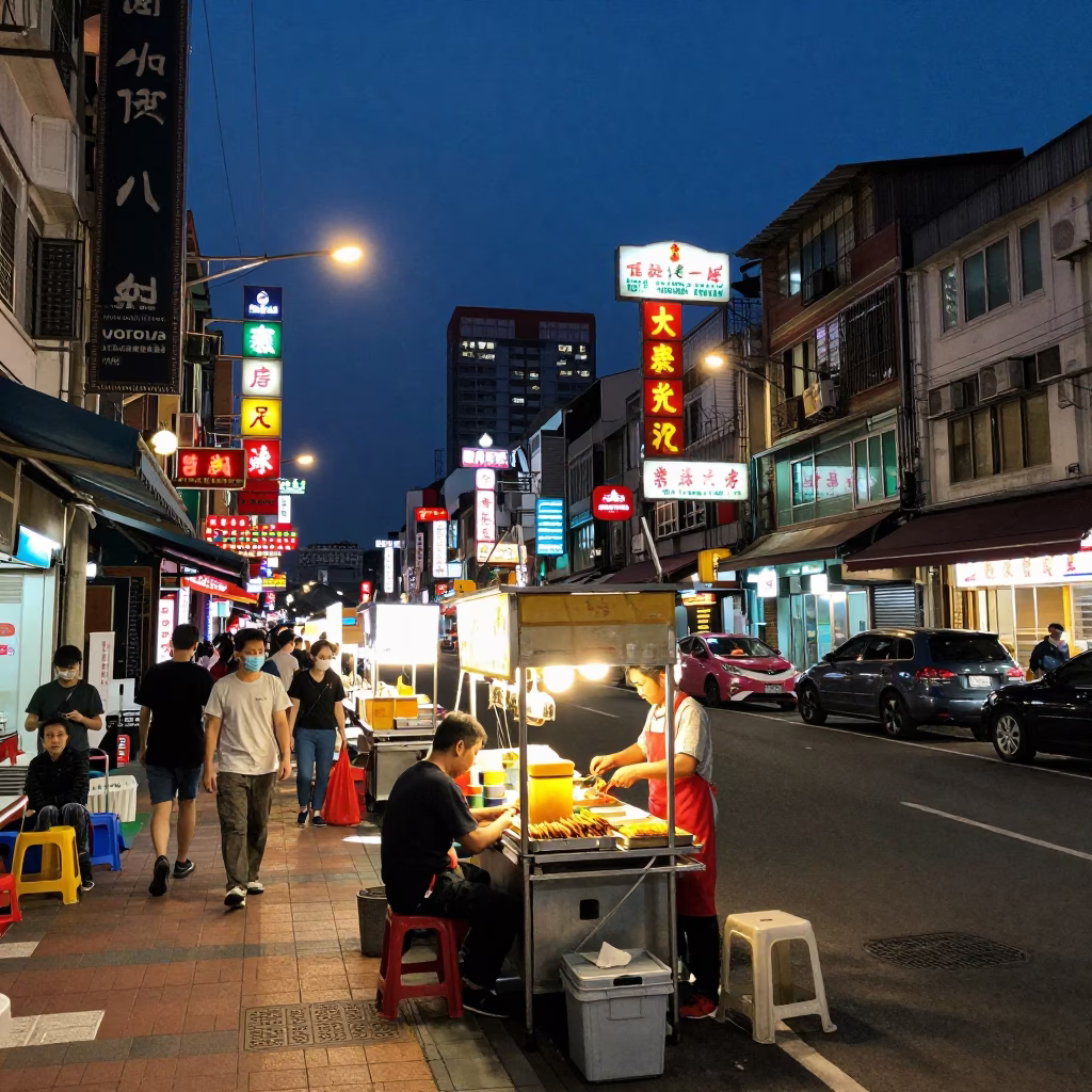 Kaohsiung Night Street Scene with Colorful Neon Signs and Local Market Activity in in Kaohsiung, Taiwan