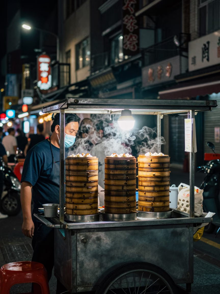 Kaohsiung Night Street Scene with Dim Sum Steamers and Glass Bottles in in Kaohsiung, Taiwan