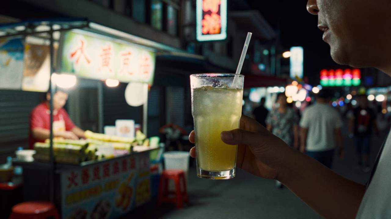 Kaohsiung Night Street Scene with Fresh Sugarcane Juice and Neon Signage in in Kaohsiung, Taiwan