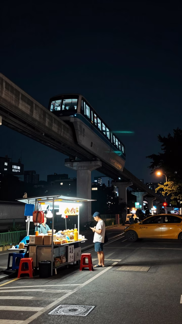 Kaohsiung Night Street Scene with Monorail and Late Night Food Stall in in Kaohsiung, Taiwan