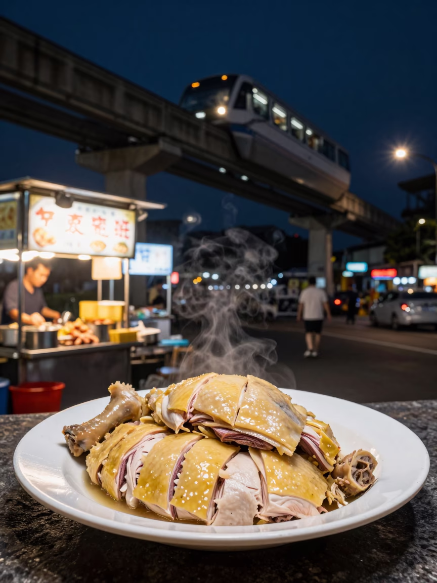 Kaohsiung Night Street Scene with Monorail and Local Food Stall in in Kaohsiung, Taiwan