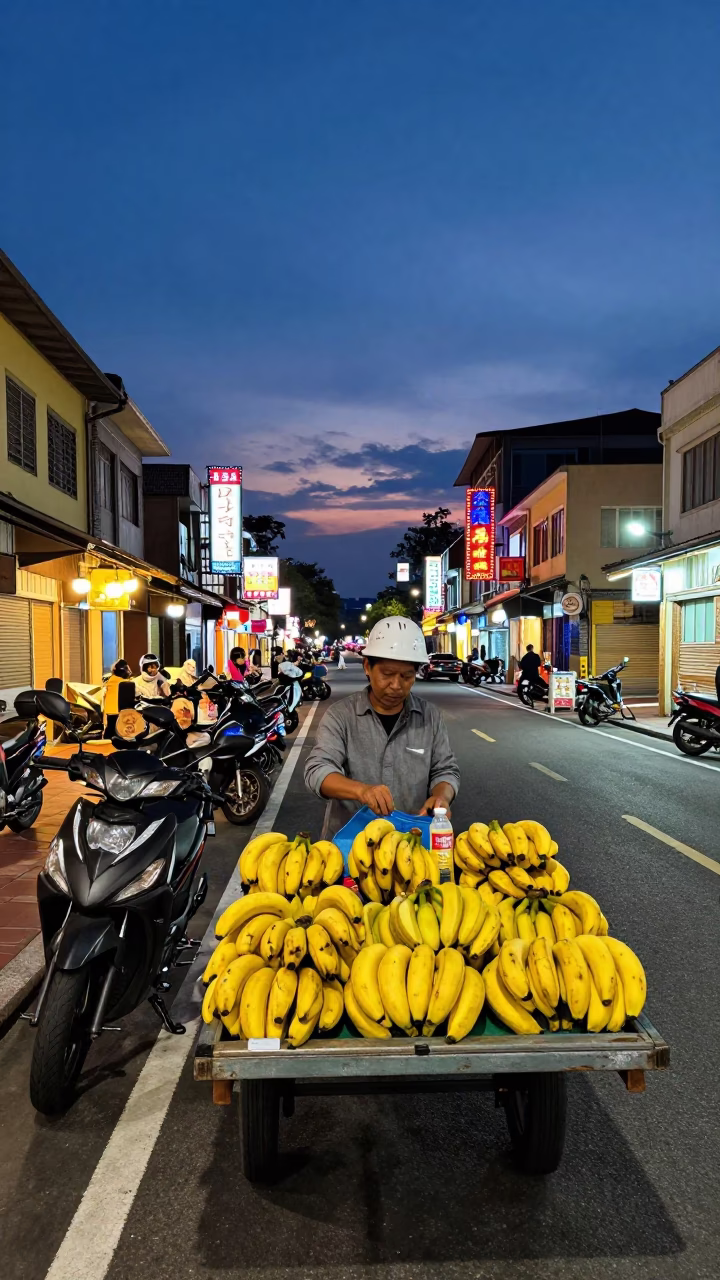 Kaohsiung Night Street Scene with Motorcycles and Banana Vendor in in Kaohsiung, Taiwan