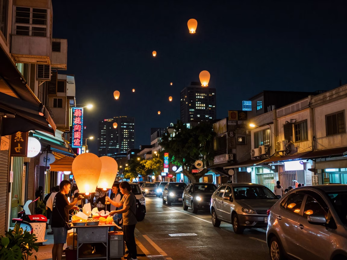 Kaohsiung Night Street Scene with Sky Lanterns and Neon Lights in in Kaohsiung, Taiwan