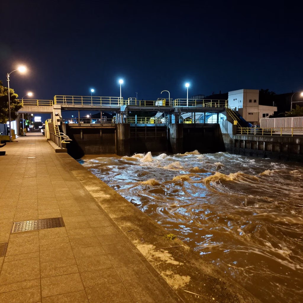 Kaohsiung Night Street Scene with Sluice Gate and River Foam Under Deep Night Sky in in Kaohsiung, Taiwan