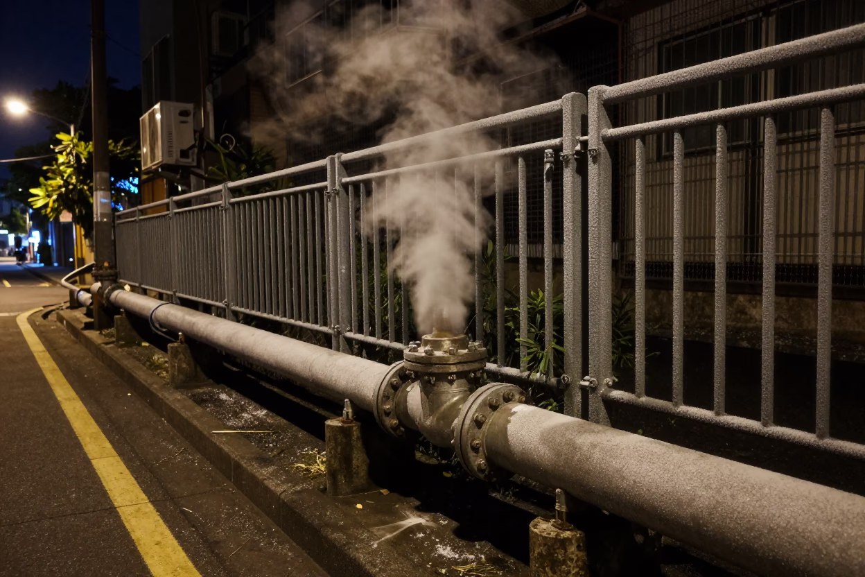 Kaohsiung Night Street Scene with Steaming District Heating Pipe and Wicker Shadow in in Kaohsiung, Taiwan