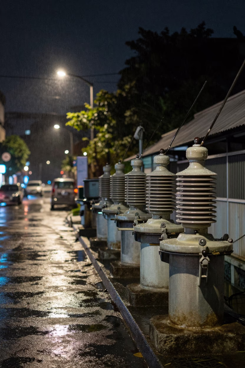 Kaohsiung Night Street Scene with Substation Insulators and Caster Wheel in in Kaohsiung, Taiwan