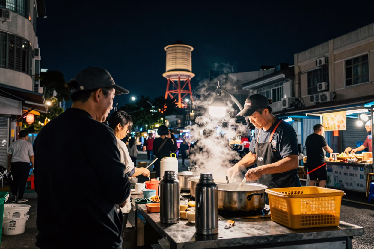 Kaohsiung Night Street Scene with Thermos and Water Tower in in Kaohsiung, Taiwan