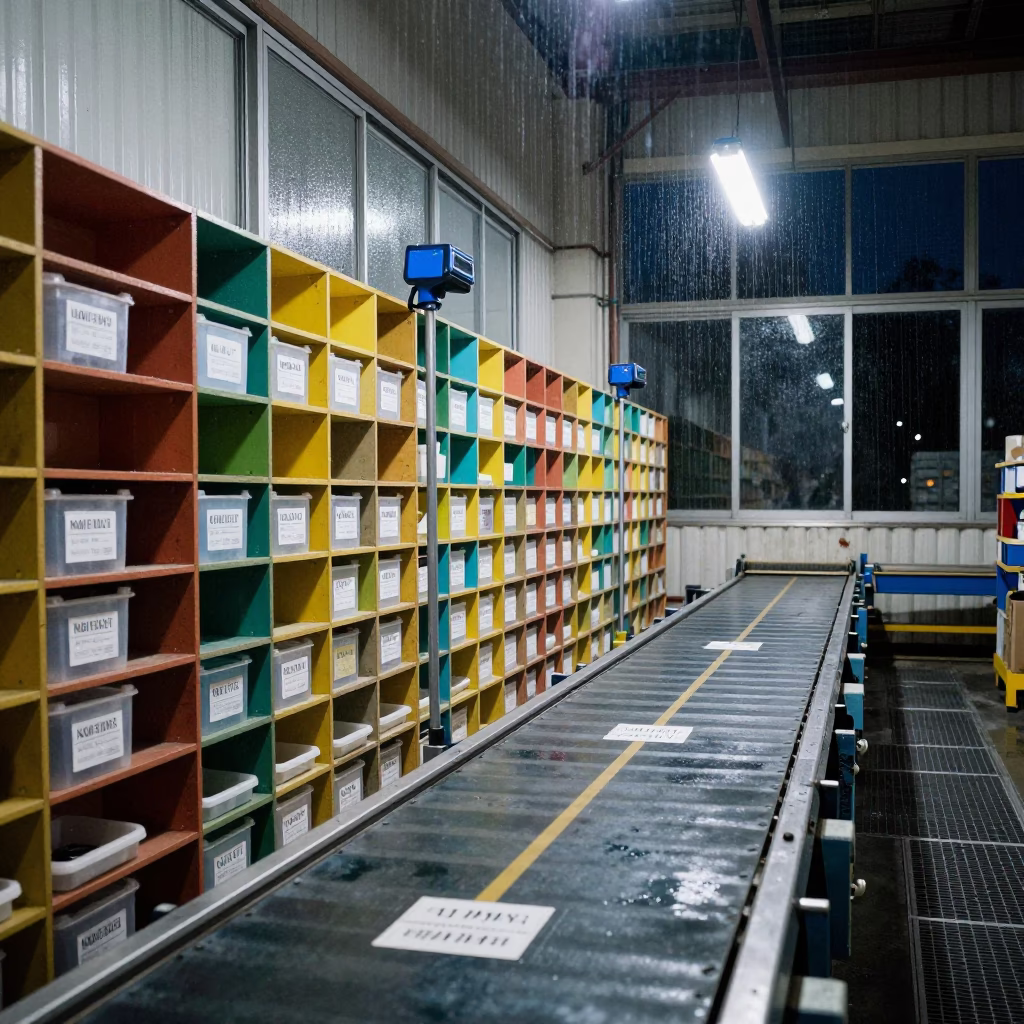 Kaohsiung Parcel Sorting Tote Wall Night Operations in at a parcel sorting belt in Kaohsiung