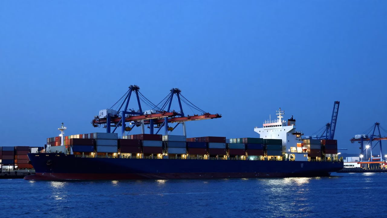 Kaohsiung Port Evening Pilot Boat Navigating Container Ship at Blue Hour in in Kaohsiung, Taiwan