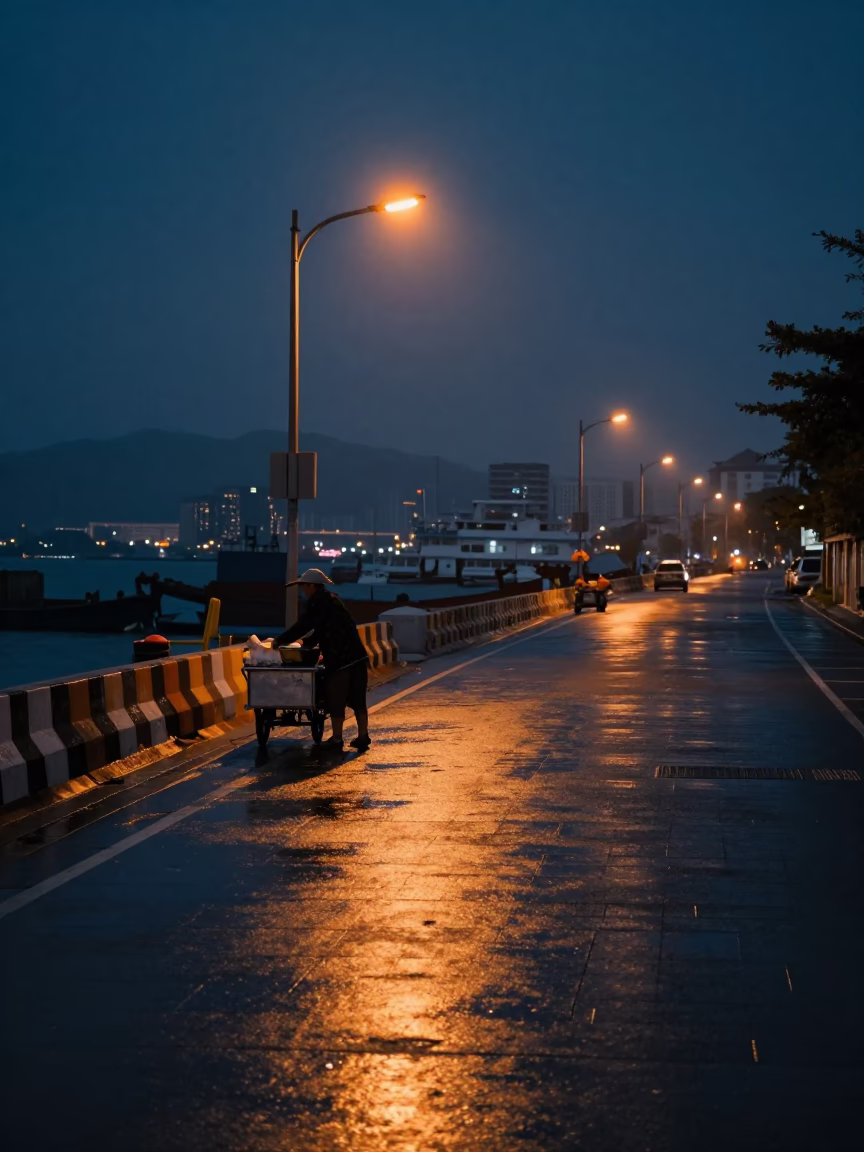 Kaohsiung Port Grease Sheen on Wet Pavement Predawn Street Photography in in Kaohsiung, Taiwan