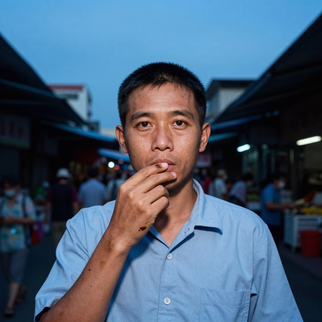 Kaohsiung Porter Tea Stains Indigo Twilight Portrait in along a market lane in Kaohsiung