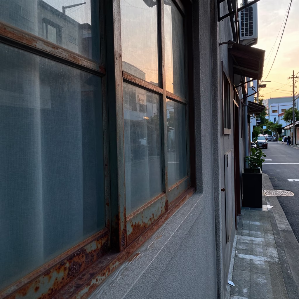 Kaohsiung Pre-Dawn Street Scene with Rusty Sill and Linen Fringe Detail in in Kaohsiung, Taiwan