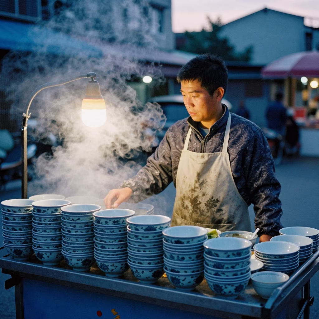 Kaohsiung Pre-Dawn Street Vendor Aprons and Porcelain Bowls in in Kaohsiung, Taiwan